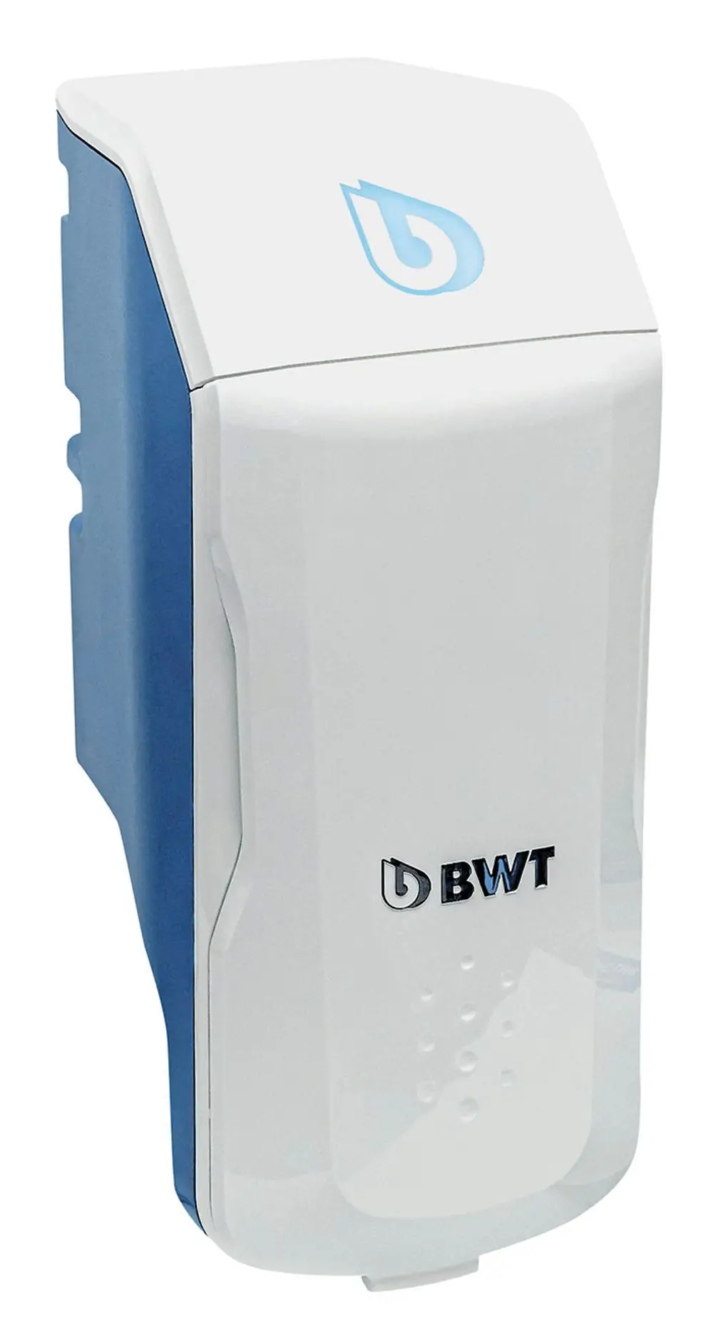 Dosiergerät in Kombination aus weißem und blauem Gehäuse mit BWT-Logo, zur Dosierung von Flüssigkeiten, als Wandgerät konzipiert.